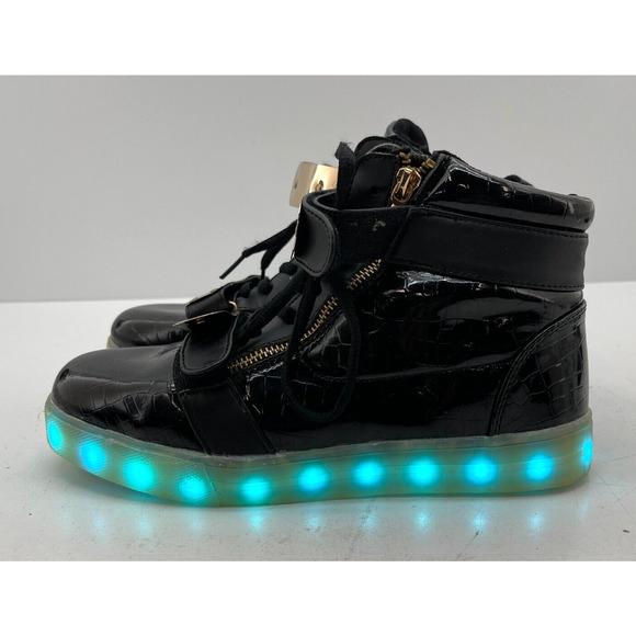 High Top LED Light Up Shoes Black Gold Sneakers Glow Sole Unisex Size 39 - Picture 3 of 15